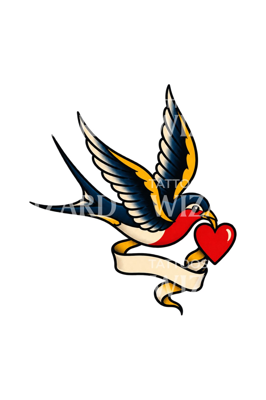 Idea de tatuaje marinero de golondrina, corazón y cinta