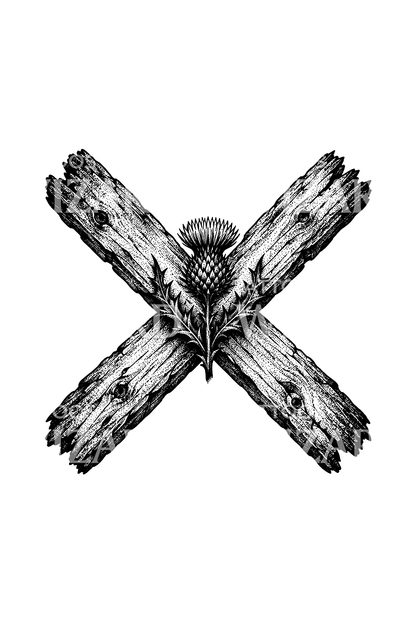 Pyhän Andreaksen vinoristi ja ohdake dotwork-tatuointina