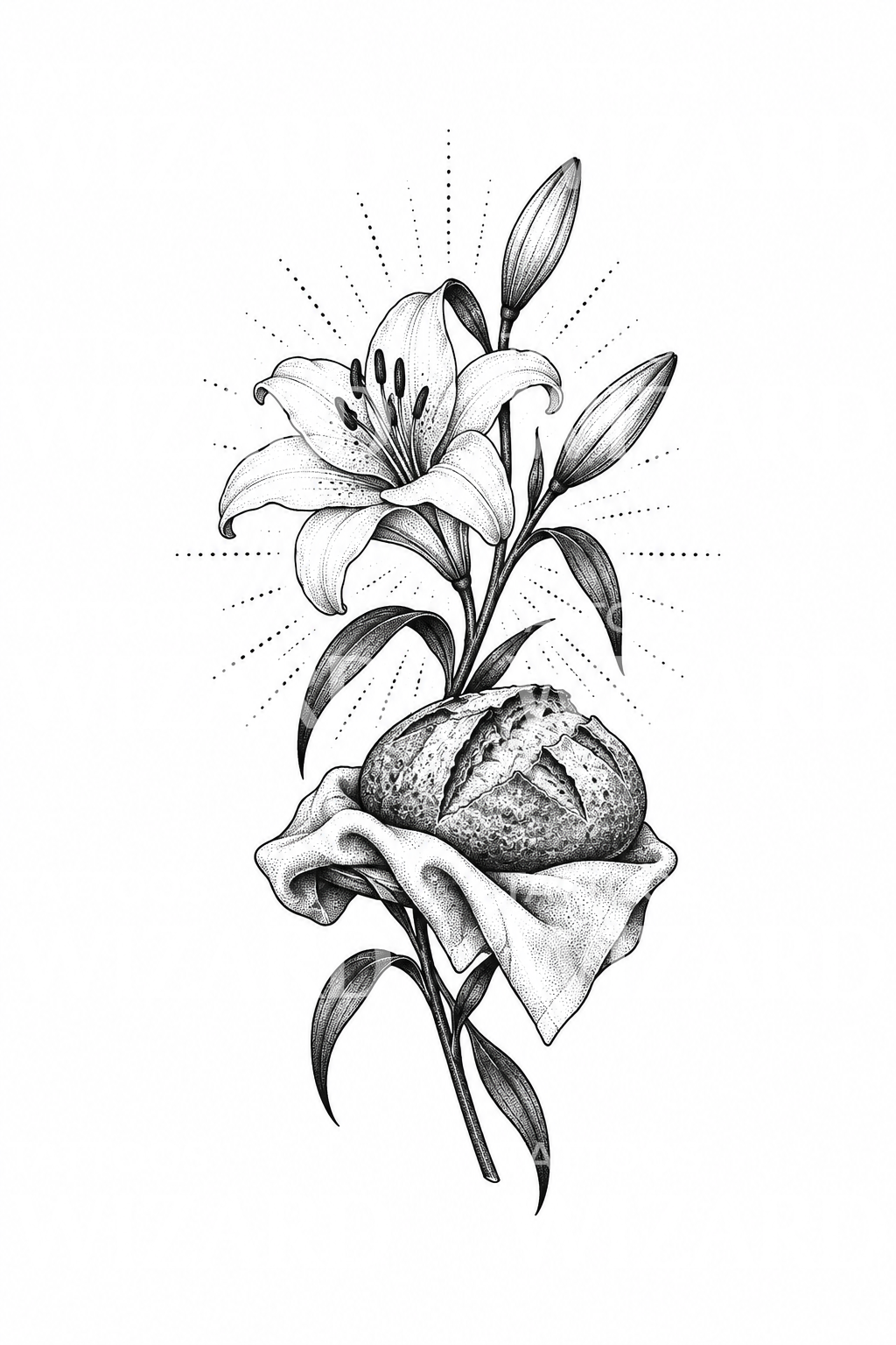 Dotwork-Tattoo-Idee mit Lilie und Brot des heiligen Antonius