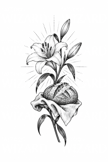 Dotwork-Tattoo-Idee mit Lilie und Brot des heiligen Antonius