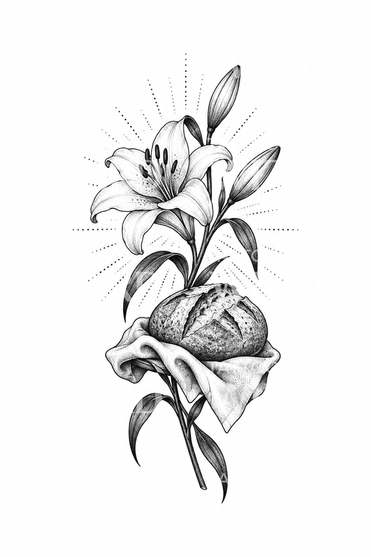 Dotwork-Tattoo-Idee mit Lilie und Brot des heiligen Antonius