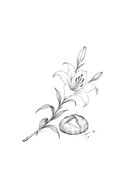 Saint Anthony Lily and Loaf of Bread Fine Line Tattoo Idea