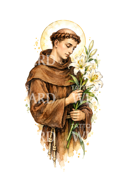 San Antonio de Padua con lirio, tatuaje en acuarela