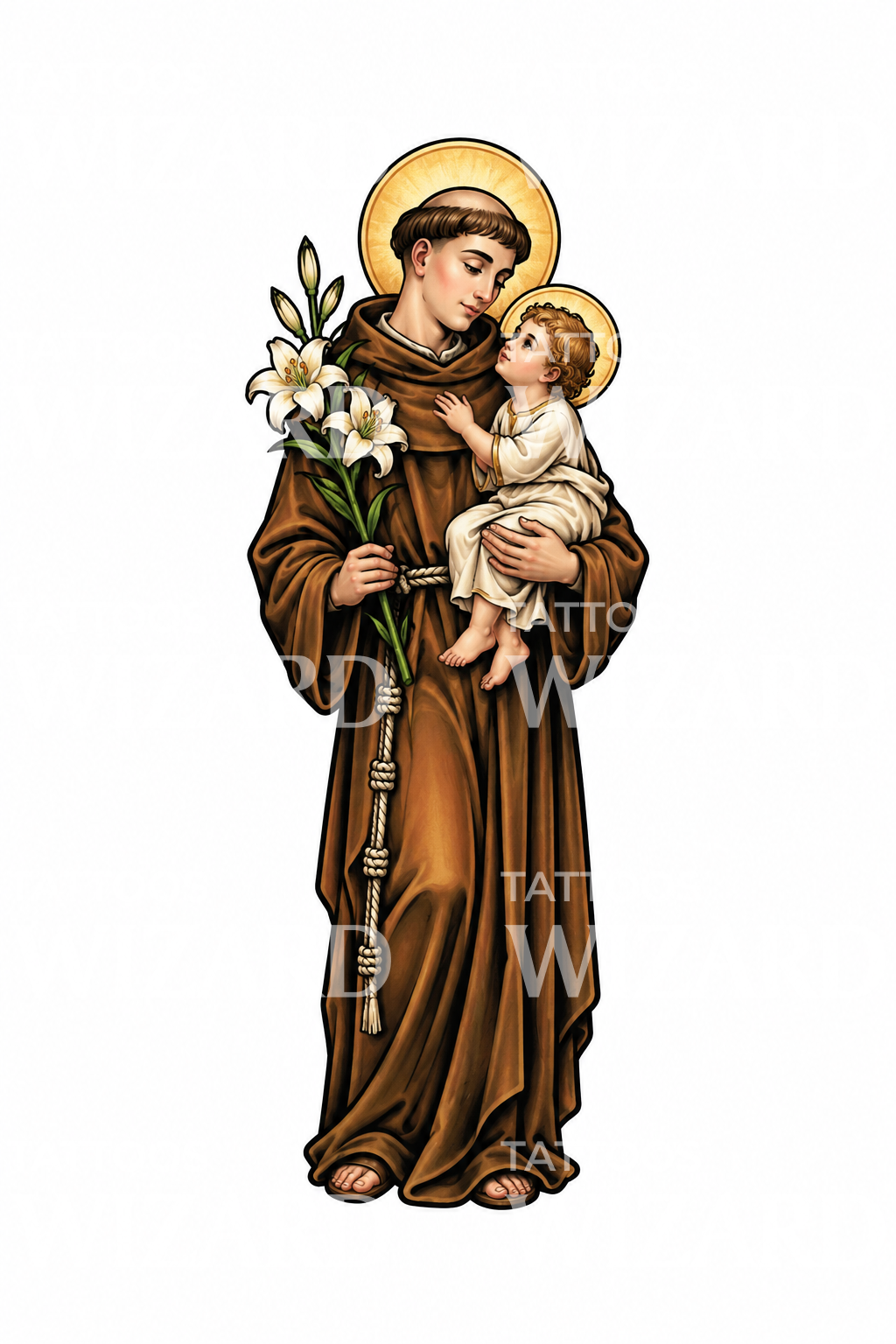 Saint Anthony with Lily and Child Tattoo Design