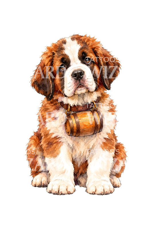 Anak Saint Bernard dengan Tong dalam Tato Cat Air