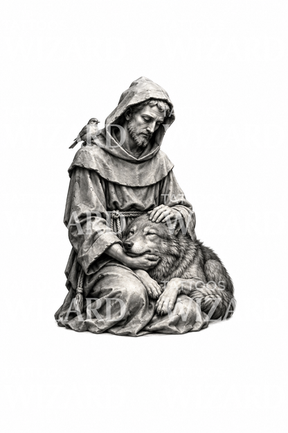 Saint Francis and the Wolf Statue Tattoo Design