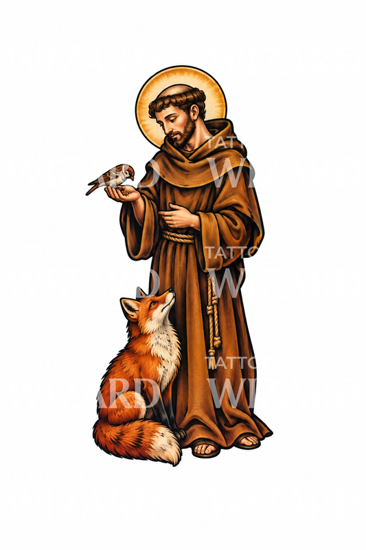 Saint Francis Feeding Sparrow with Fox Tattoo Illustration