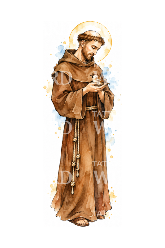Saint Francis Holding Sparrow Watercolor Tattoo Design
