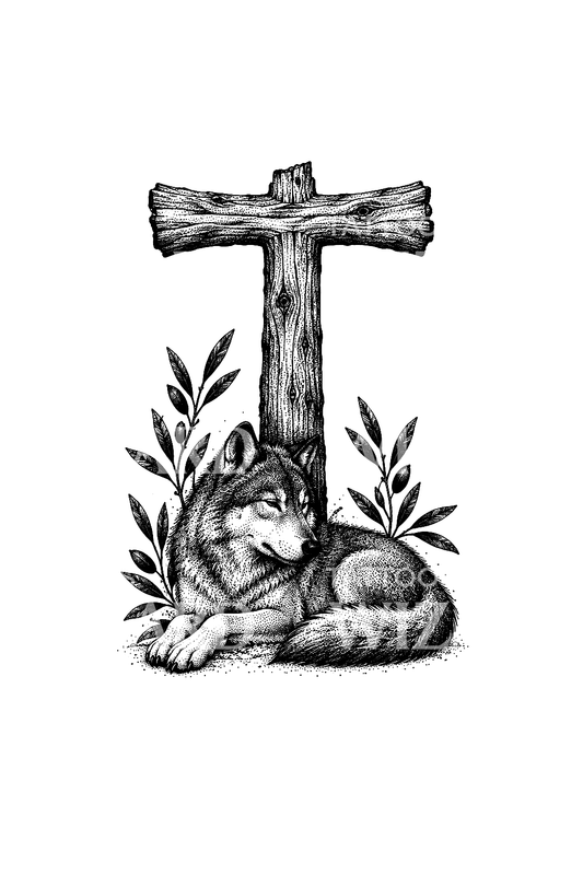 Saint Francis Tau Cross with Resting Wolf Dotwork Tattoo