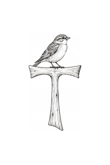 Sankt Frans Tau-kors med spurv, fine line-tatovering