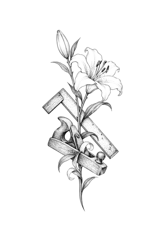 Saint Joseph Lily with Carpenter Square and Plane Tattoo