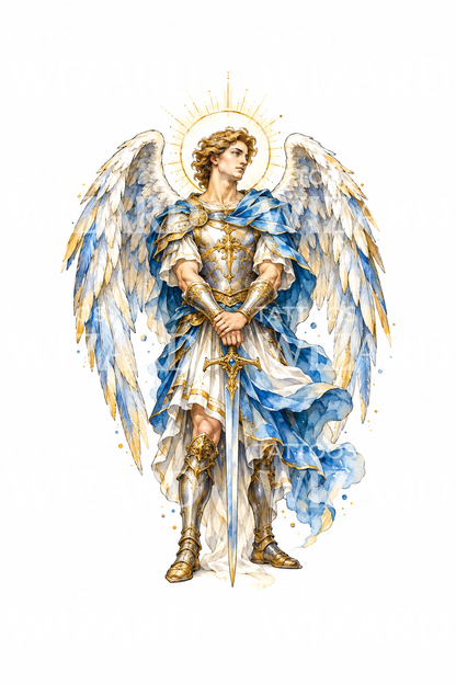 Desain Tato Santo Michael Emas dan Biru Bergaya Cat Air