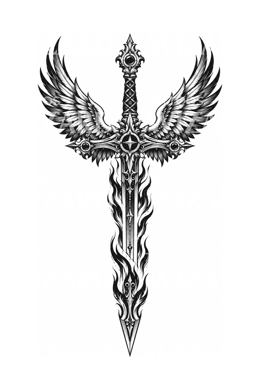 Saint Michael Winged Flaming Sword Tattoo Design