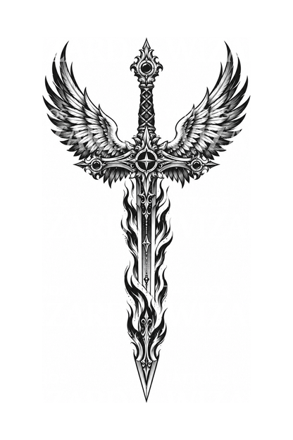 Saint Michael Winged Flaming Sword Tattoo Design