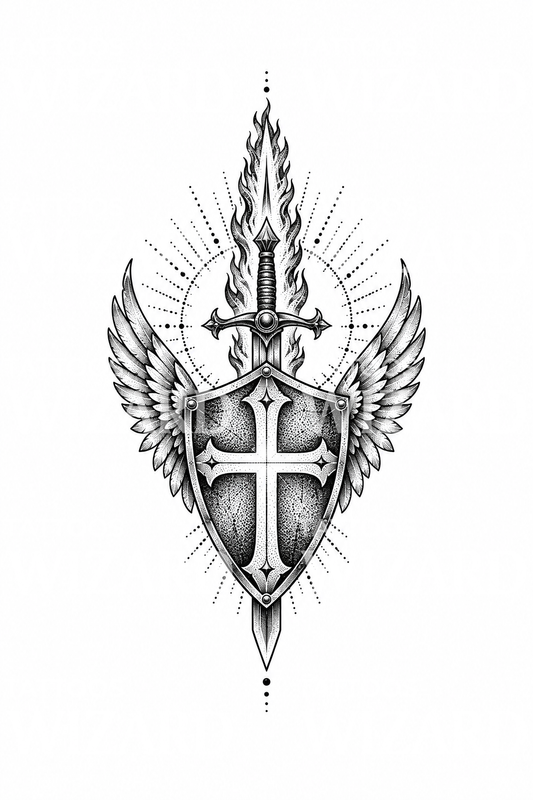 Desain Tato Perisai Bersayap Santo Mikhael
