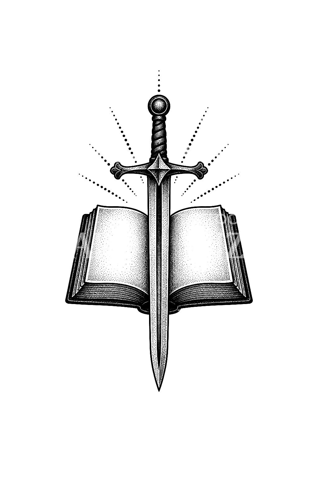 Tatuaje de San Pablo con espada y libro abierto en dotwork