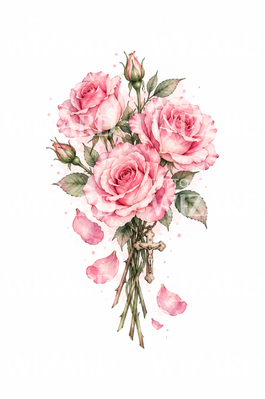 Tattoo-ontwerp met roze rozen van de heilige Theresia