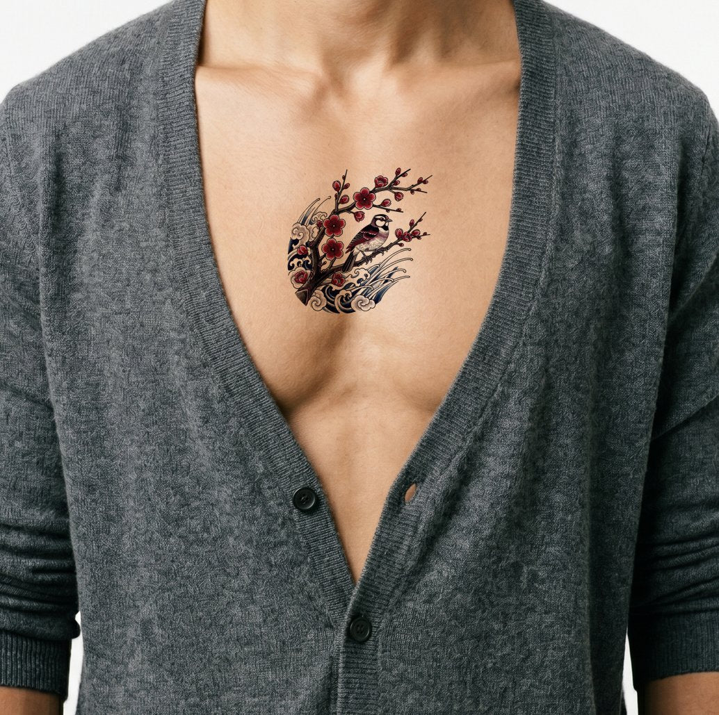 Sakura Bird Above Waves Tattoo Design