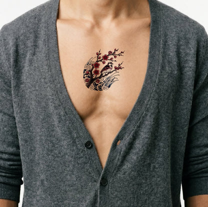 Sakura Bird Above Waves Tattoo Design