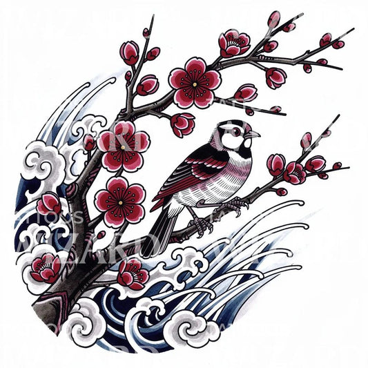 Sakura Bird Above Waves Tattoo Design