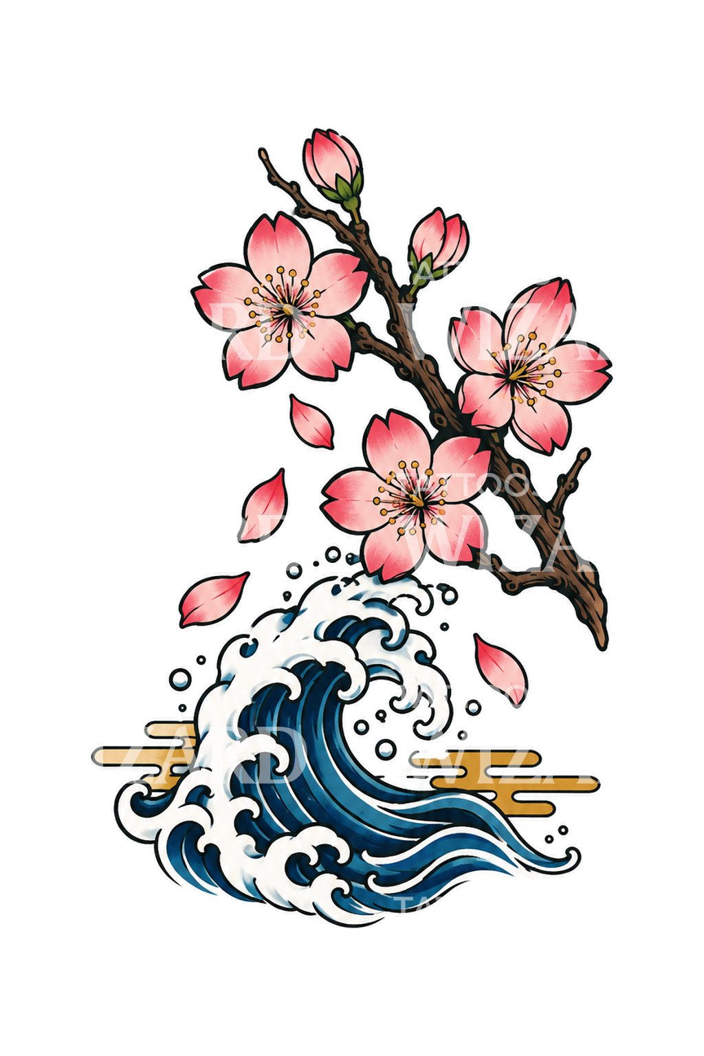 Sakura Branch Above a Wave Tattoo Design