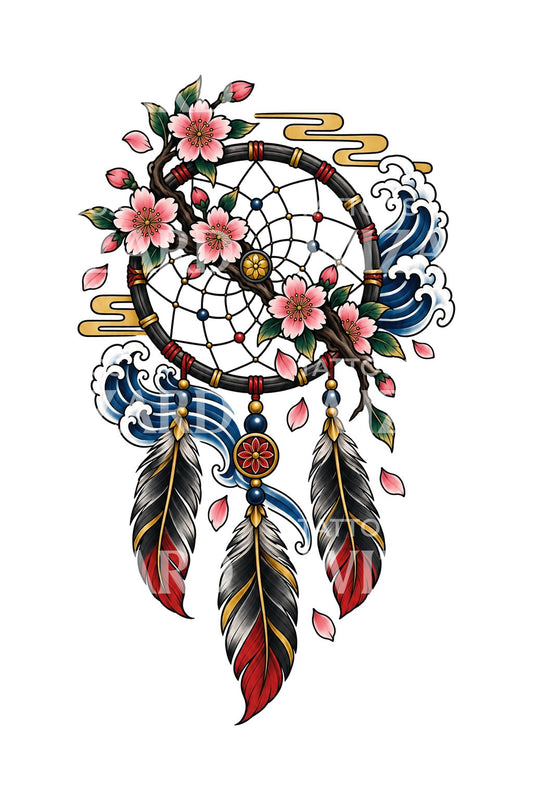 樱花枝梦网和风刺青插画