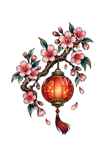 红纸灯笼樱花枝纹身设计