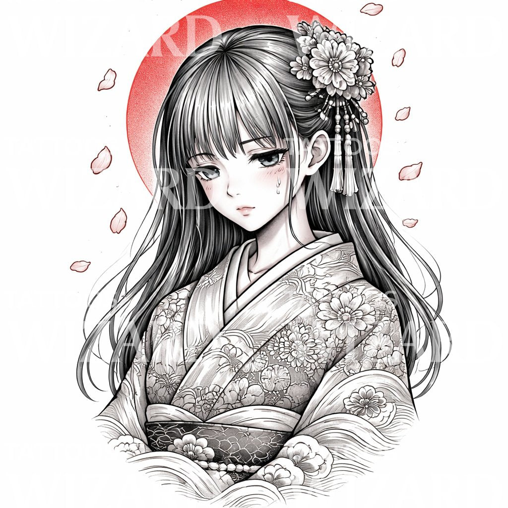 Sakura Geisha Portrait Tattoo Illustration