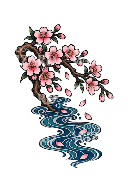 Design de tatuagem com pétalas de sakura num riacho