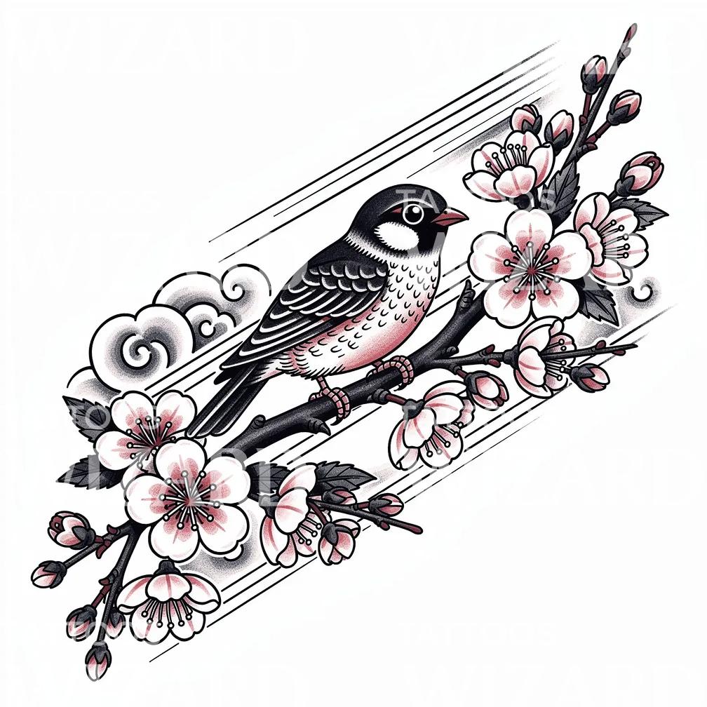 Sakura Sparrow Tattoo Design