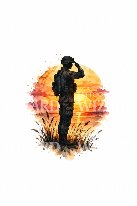 Sylwetka salutującego żołnierza o zachodzie słońca w stylu watercolor