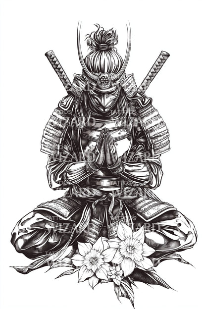 武士花朵盔甲纹身设计