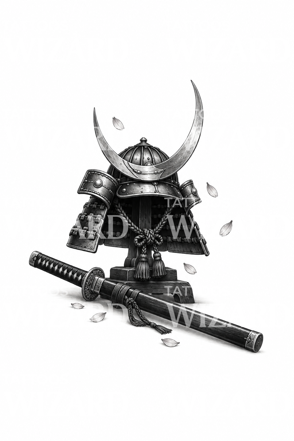 Samurai-kabuto og katana som tatovering