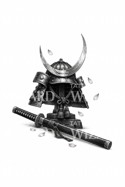 Samurai-kabuto og katana som tatovering