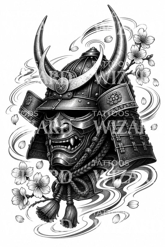 Japonský tetovací motiv samurajské masky kabuto