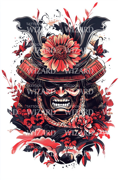 Samurai Oni Blossom Tattoo Design