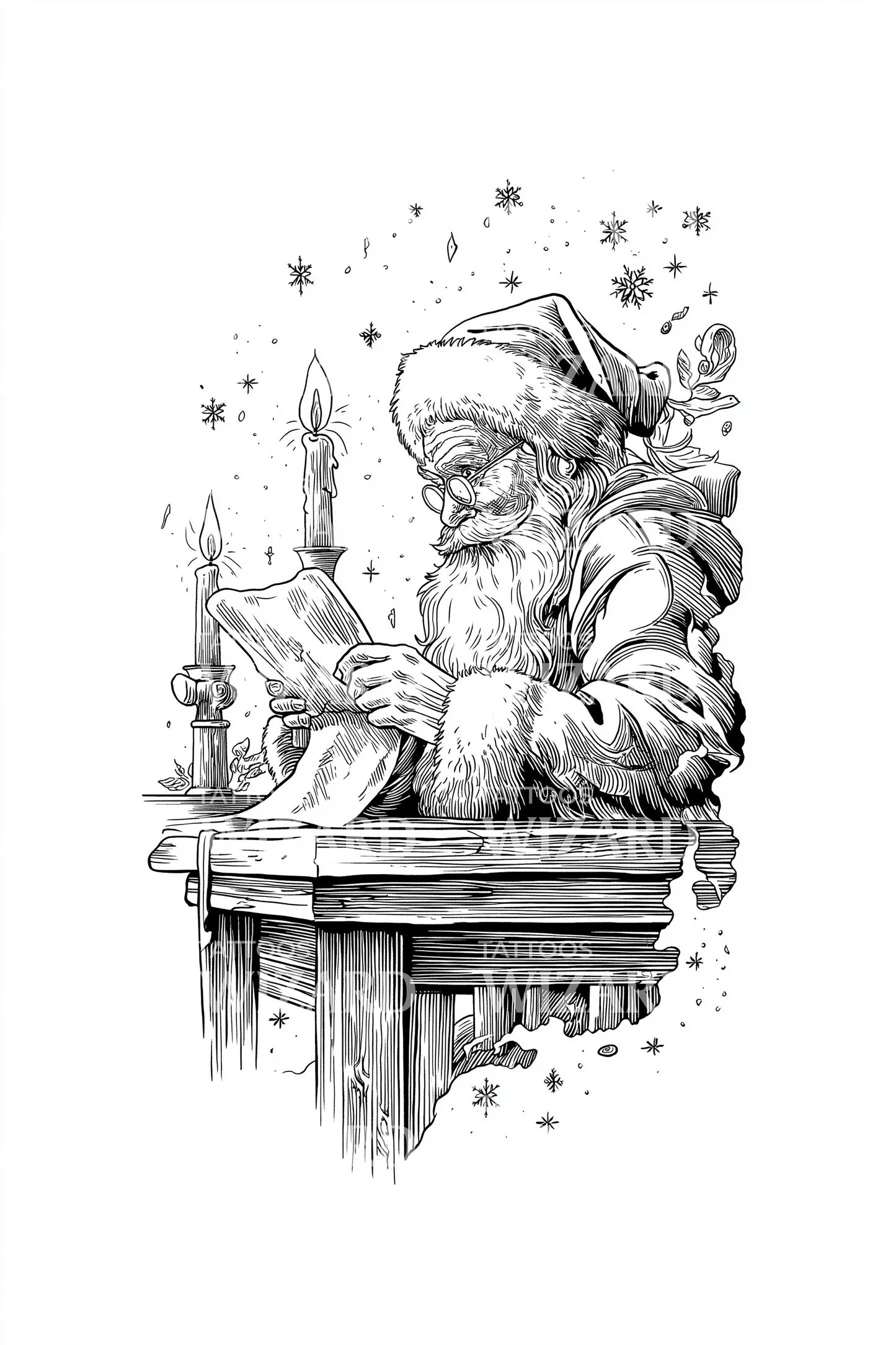 Santa at Wooden Desk Tattoo Design