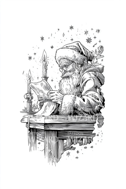 Santa at Wooden Desk Tattoo Design