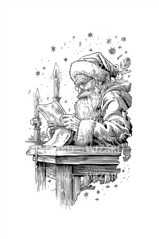 Santa at Wooden Desk Tattoo Design