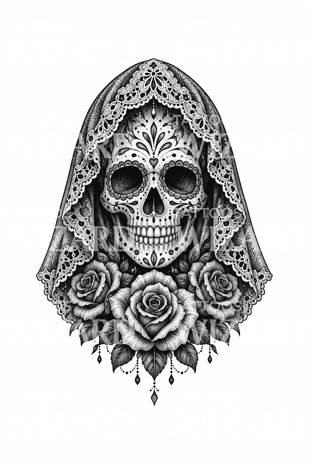 Santa Muerte Calavera s krajkovým závojem, růžemi a tečkovaným vzorem