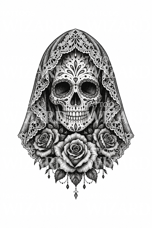 Calavera Santa Muerte z koronkowym welonem, różami i dotworkiem