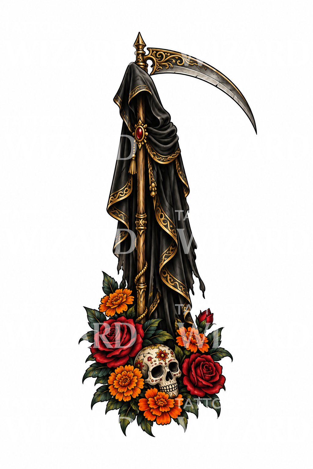 Başlıklı Santa Muerte, Tırpan, Güller ve Kadife Çiçekleri