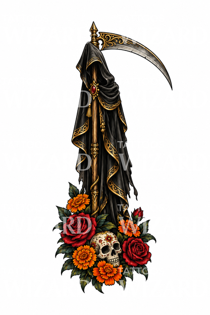 Başlıklı Santa Muerte, Tırpan, Güller ve Kadife Çiçekleri