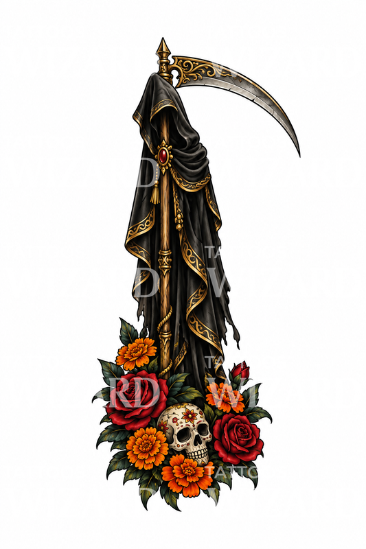 Santa Muerte w kapturze z kosą, różami i nagietkami
