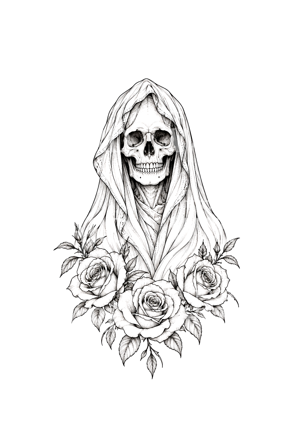 Gül ve Kapüşonlu Kafatasıyla Santa Muerte Fine Line Dövmesi