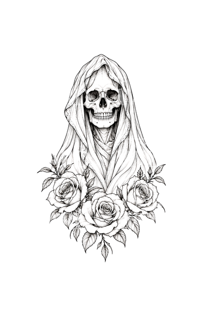 Gül ve Kapüşonlu Kafatasıyla Santa Muerte Fine Line Dövmesi