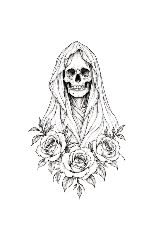 Gül ve Kapüşonlu Kafatasıyla Santa Muerte Fine Line Dövmesi
