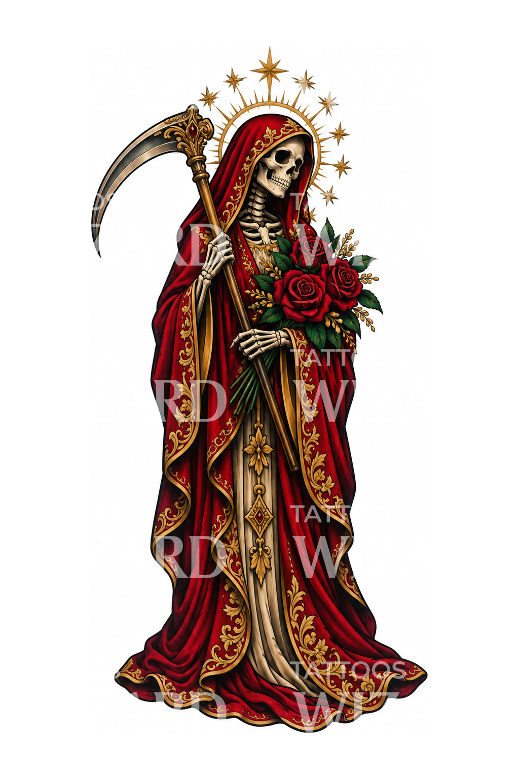 Σχέδιο τατουάζ Santa Muerte με κόκκινο μανδύα και τριαντάφυλλα