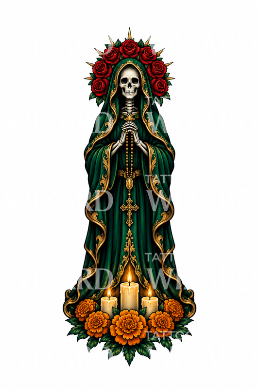 Desain Tato Santa Muerte dengan Rosario dan Lilin