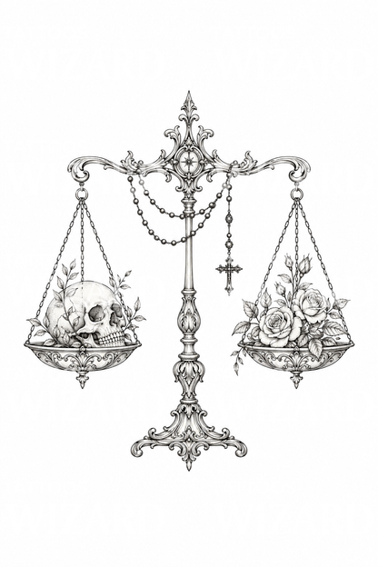 Τατουάζ Santa Muerte με ζυγαριά, κρανίο και τριαντάφυλλα